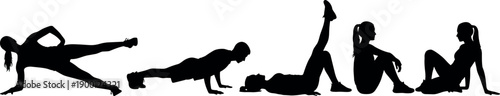 Silhouettes of Men and Women Performing Fitness Exercises Including Side Planks Pushups Leg Raises and Stretching for Healthy Lifestyle Concept