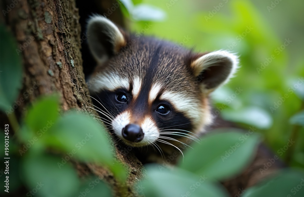 Fototapeta premium Baby raccoon peeks from hollow tree trunk. Cute wild animal with black mask and furry body hides among green leaves. Nature portrait of young procyon in forest.