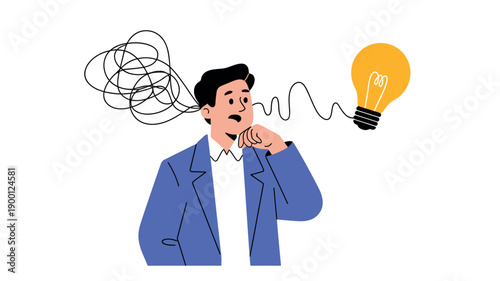 A cartoon man in a blue suit jacket having a creative idea with a lightbulb and tangled thoughts