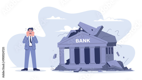 A worried businessman stands beside a destroyed bank building with rubble scattered everywhere.