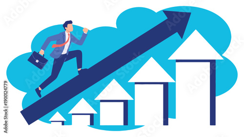 A businessman runs up a giant arrow, symbolizing growth and success in his career.