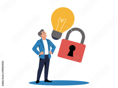 A cartoon man with a lightbulb and padlock representing a creative solution to a problem