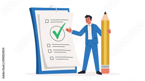 A cartoon man in a blue suit stands next to a large clipboard with a checklist and a giant pencil, symbolizing business or education.