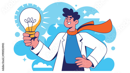 A cartoon man in a white lab coat holding a lightbulb with a bright idea