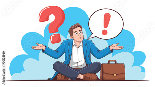 A cartoon businessman sits in a meditative pose with a question mark and exclamation mark above him, looking confused.