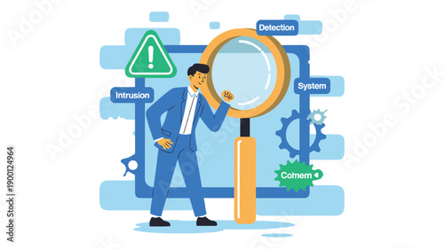 A businessman in a blue suit examines a large magnifying glass in front of a computer screen with system security icons.