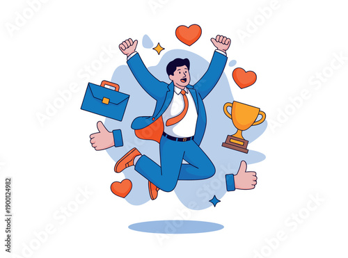 A joyful businessman celebrating success with a triumphant jump in the air surrounded by symbols of achievement