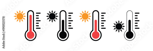 Set of high temperature symbols, hot weather sun icons, thermometer measurement graphics, heat alert and warning signs, climate forecast elements, modern minimal vector illustration design.