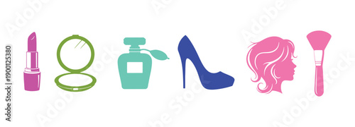 Women’s beauty icons in various colors set on a white surface

