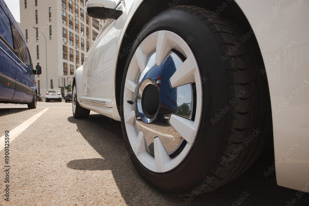 Obraz premium Car showroom automobile wheel tire on outdoor