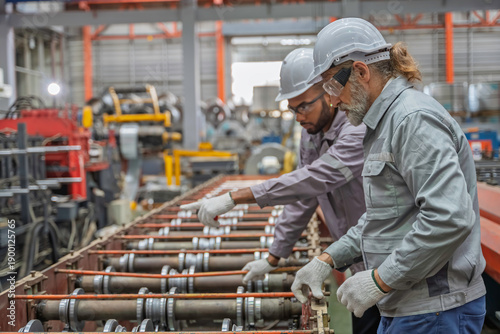 фотографія Two engineers wearing safety helmets and gloves operate a control panel in an industrial factory