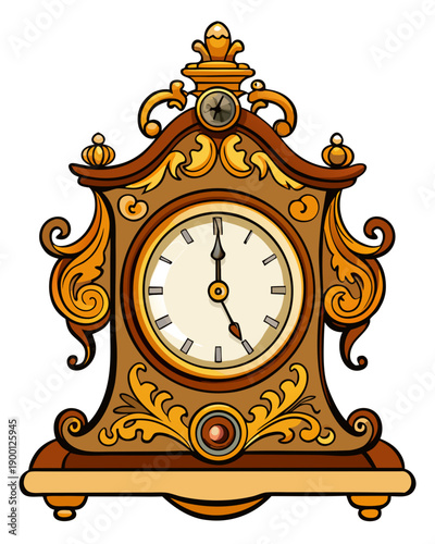 Ornate vintage mantel clock illustration on white background