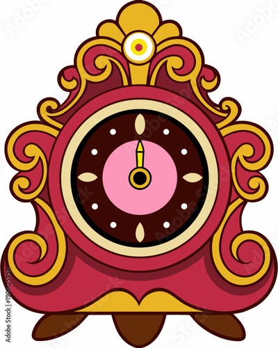 Ornate vintage mantel clock illustration on white background