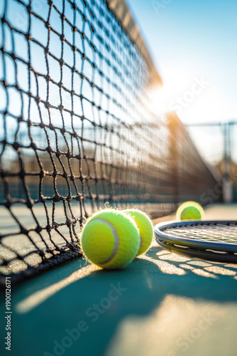 Tennis balls and racket resting near the net on a sunny court