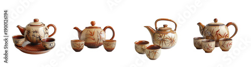 Japanese tea set with teapots and cups featuring bamboo and floral motifs isolated on transparent background