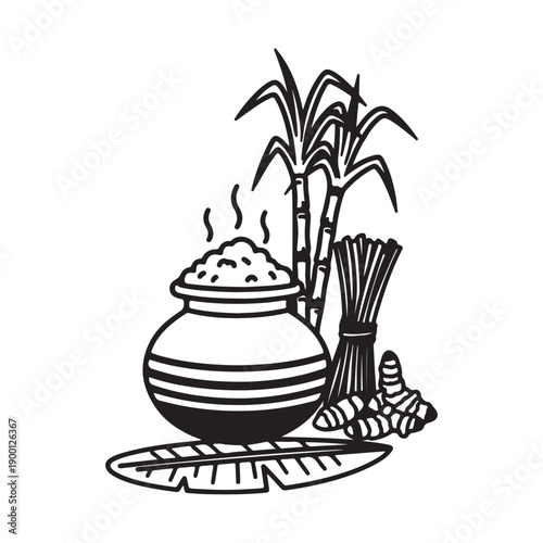 Vector illustration of steaming clay pot with sugarcane and jaggery, for food or beverage branding or packaging isolated on White Background