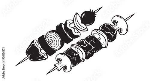 vector illustration of skewers with meat and vegetables, barbecue or grill food, for menu or recipe isolated on White Background