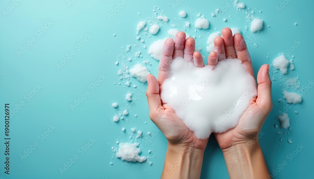 Fototapeta premium Hands hold soft white foam creating heart shape on blue background. Gentle soap bubbles and powder scattered around. Caring for skin, clean hands. Hygiene and beauty.