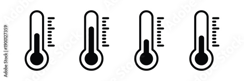 Set of temperature symbols, thermometer icons with hot, warm and cold levels, weather forecast elements, temperature scale signs, seasonal climate indicators, modern flat vector illustration design