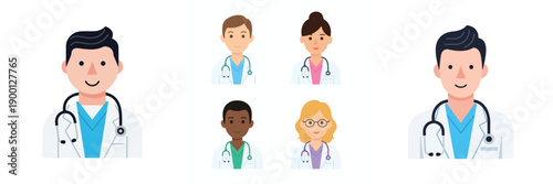 A set flat design illustration of a doctor,, simple and minimal style, no outline, modern bright colors, plain white background.