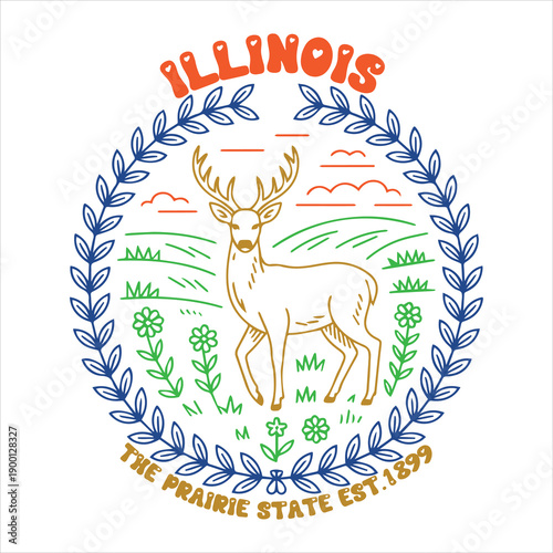 Illinois Prairie State Deer Emblem Illustration