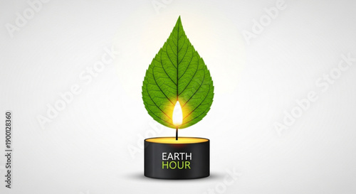 Earth hour candle with green leaf on white background symbolizing environmental conservation
