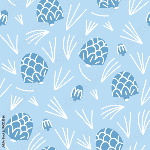 Siberian cedar cones and needles in a frosty blue pattern to visualize the fresh spruce aroma