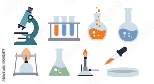 Laboratory equipment set including microscope and various glassware.
