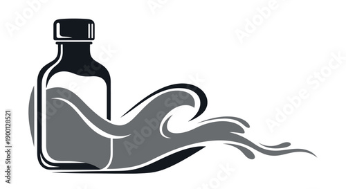 Black and white illustration of a bottle with flowing liquid.