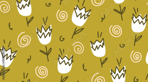 Seamless pattern with flowers in the shape of broken eggshells, sandalwood flowers in green and cream tones among abstract swirls