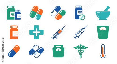 Medical icons set including pills, medicine, and healthcare symbols.