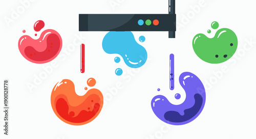 Colorful ink splashes and printer device on white background.
