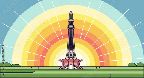 Eiffel tower in front of colorful sunset with green field and blue sky