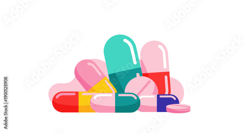 Colorful Pills and Capsules on White Background.