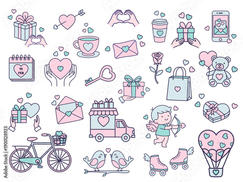 Cute Valentine’s Day Vector Elements Set – Hearts, Gifts, Cupid