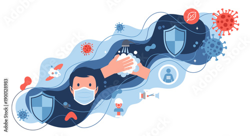 Healthcare worker in protective gear fighting against viruses and germs.