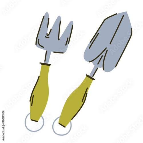 A metal shovel and hoe with green wooden handles for loosening the soil, planting plants and removing weeds, a gardening kit for home and garden