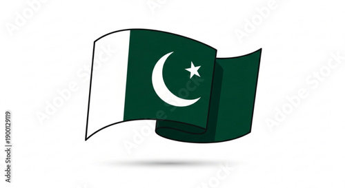 Waving pakistani flag with white crescent moon and star on green background