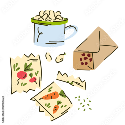A set of seeds in bright paper envelope bags and beans in a metal mug for planting and gardening