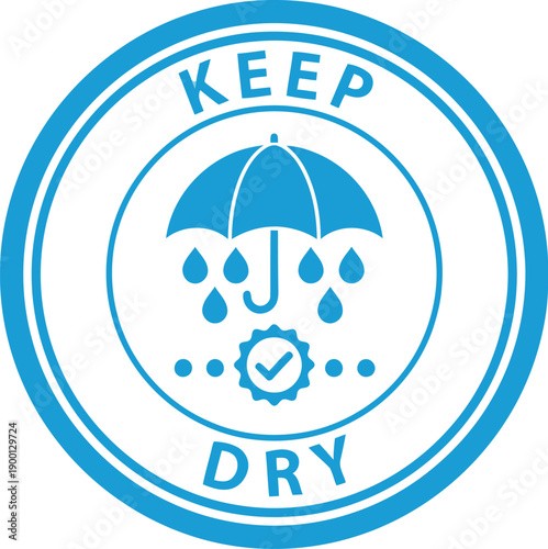Keep Dry Icon with Umbrella and Raindrops – Waterproof Packaging Safety Symbol, Blue Circular Label
