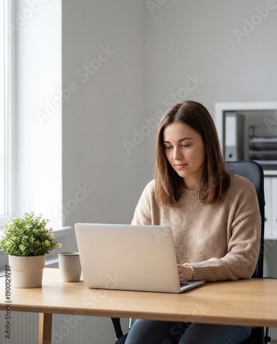 Free Download Woman focused on her work at a desk with a laptop and a plant nearby. - GFXLoad