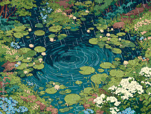 pond surrounded by lush greenery and flowers, with large lily pads floating on the water's surface, and rain falling, creating ripples in the still water.