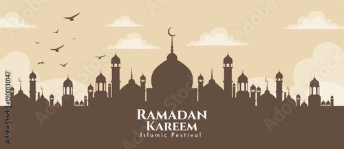 Ramadan Kareem Islamic Festival Banner with Mosque Silhouette, Flying Birds, and Clouds on Warm Background