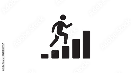 Silhouette of person running up bar graph in minimalist style with dark monochrome color on white background for business success