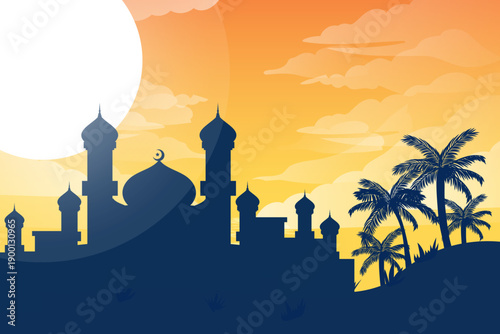 Beautiful Islamic Landscape with Mosque Silhouette and Palm Trees against Vibrant Orange Sunset Sky, Ramadan Kareem Background