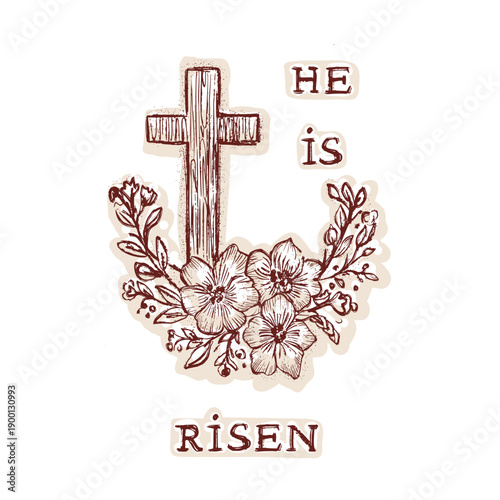 Easter blessings holy week he is risen cross christian religious card illustration. Hand drawn season greeting print vintage modern. Isolated editable vector black and white cross with flower motif 