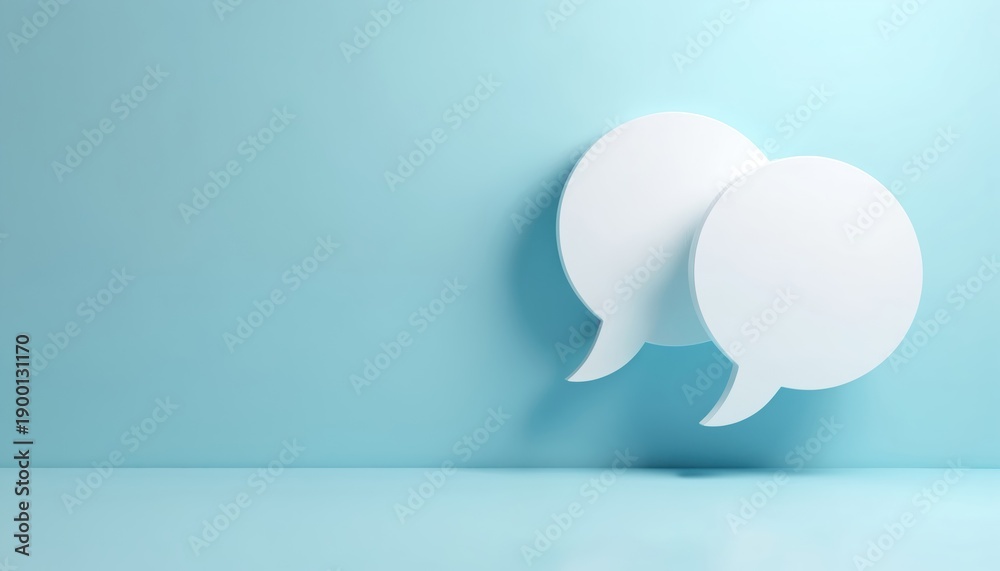 Fototapeta premium Two white speech bubbles linked together. Represents sharing ideas, talking, or social media chat. Clean modern design on blue background, ideal for web or print content.
