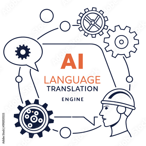AI language translation engine concept using a symbolic flat vector design, showcasing technological advancements in global communication.