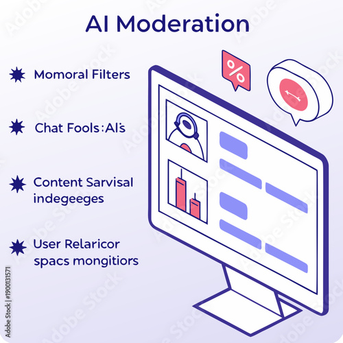 AI moderation system for virtual environments depicted with clean vector graphics, ensuring a safe and orderly digital community experience.