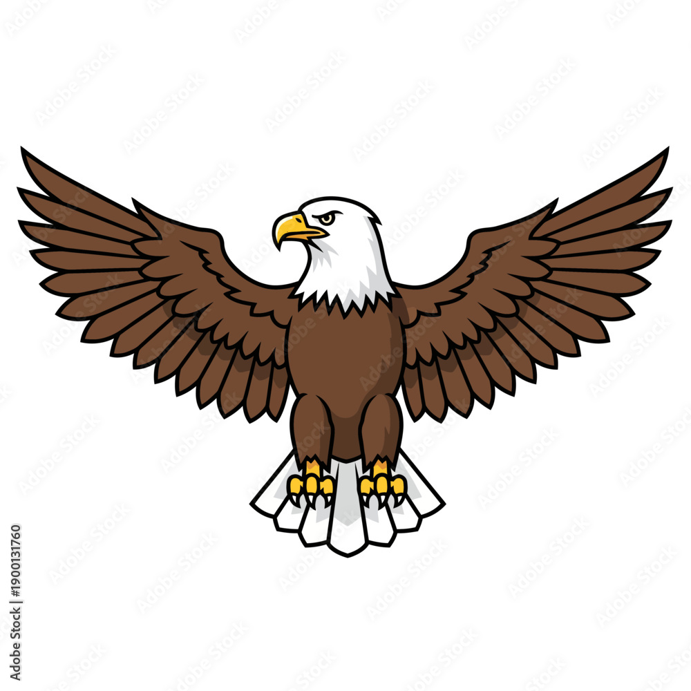 Fototapeta premium Majestic eagle with outstretched wings, soaring through the air, a symbol of freedom and power, illustrated in a graphic style from a front viewpoint